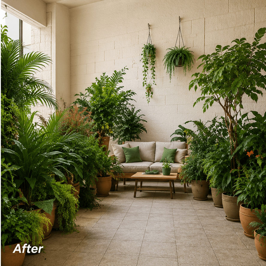 After: green balcony filled with plants