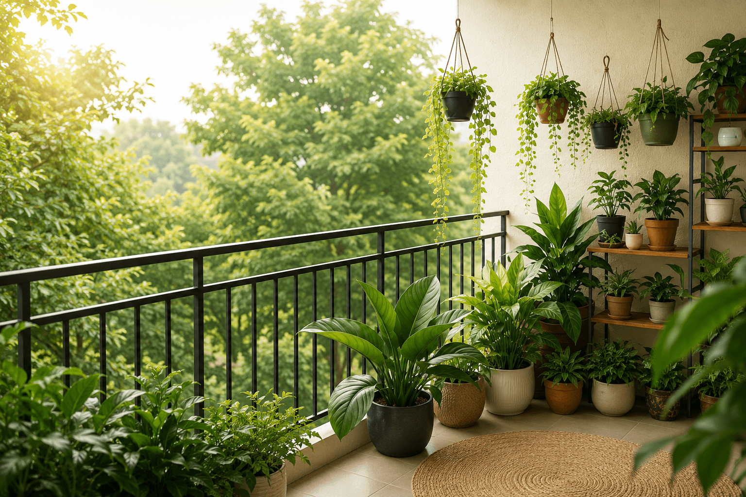 Beautiful balcony garden with hanging plants